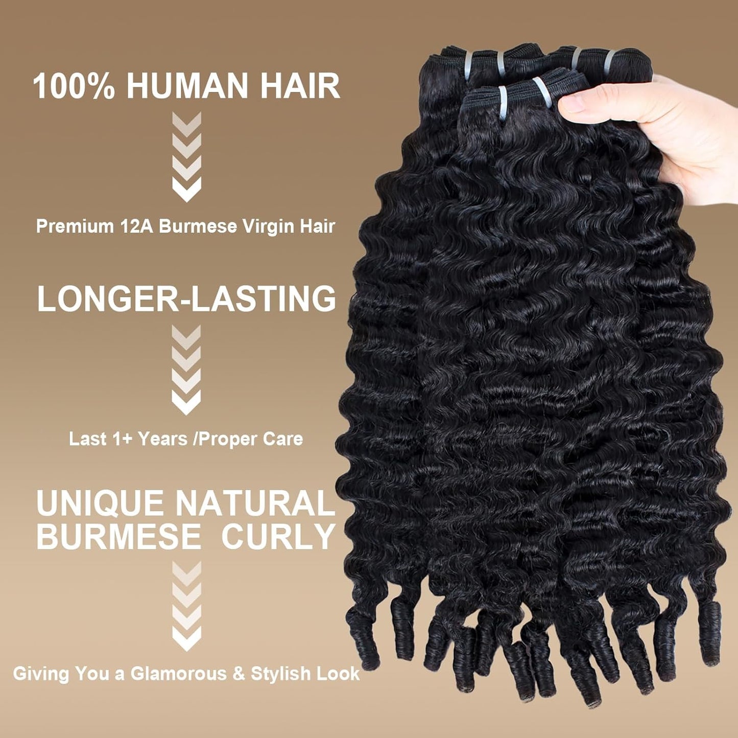 Burmese Curly Hair Bundles - 12A Water Wave 3 Bundle Set | 18-20-22 Inch Natural Black Human Hair Extensions