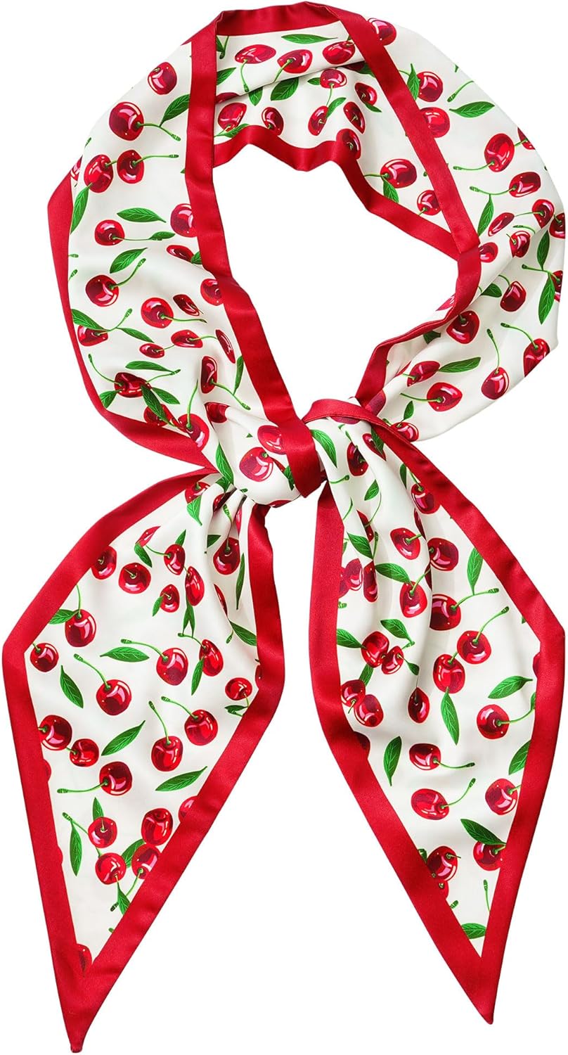 Cherry Head Scarf for Women - Long Thin Satin Hair & Neck Wrap | Fashion Accessory