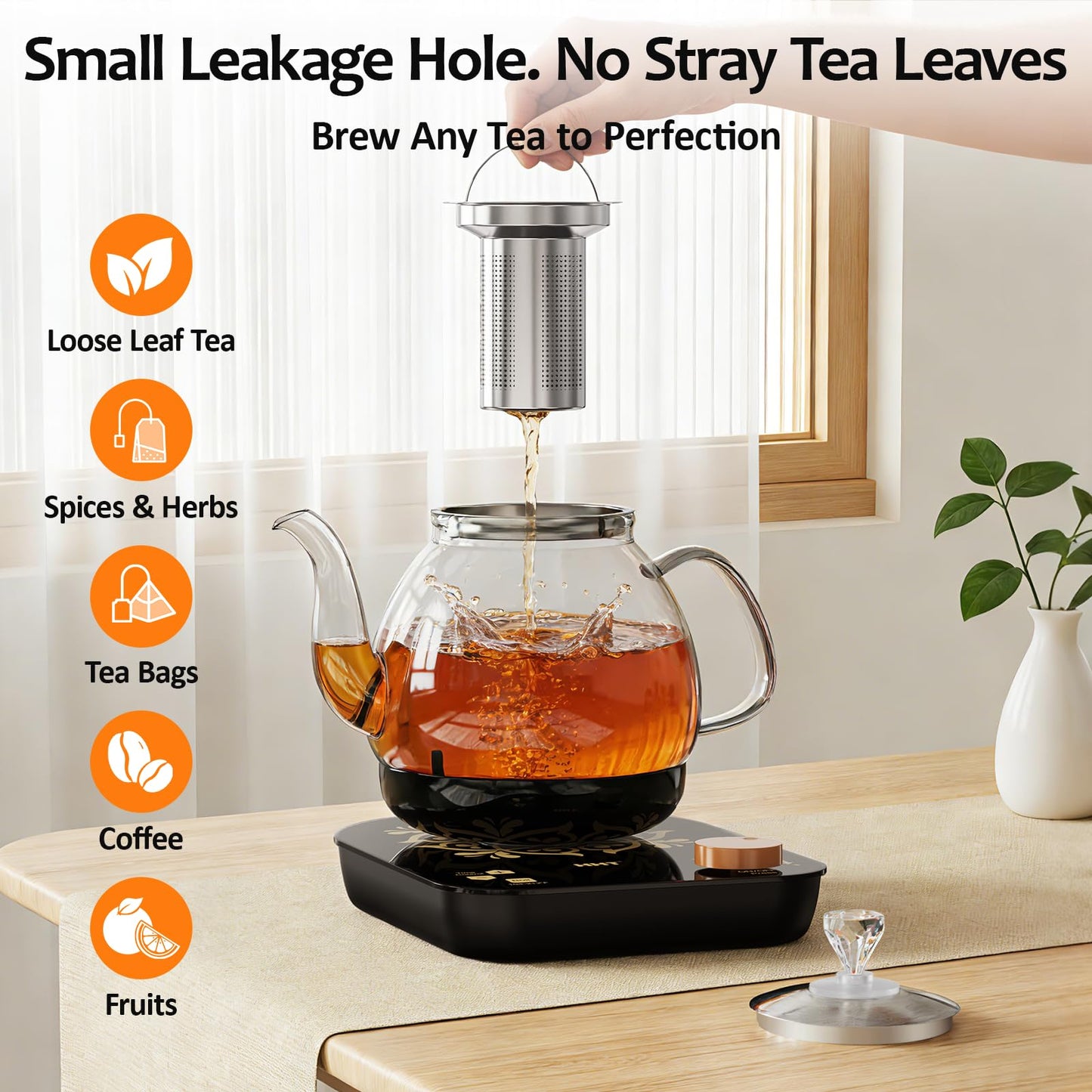 HHT Electric Tea Maker with Infuser, ±1℉ Precise Temperature Control, Glass Electric Kettle for Herbal,Flowers,Fruit Tea and Loose Leaf,BPA-Free,Auto Shut-Off,Brewing Program,Keep Warm,0.8L/27oz Black