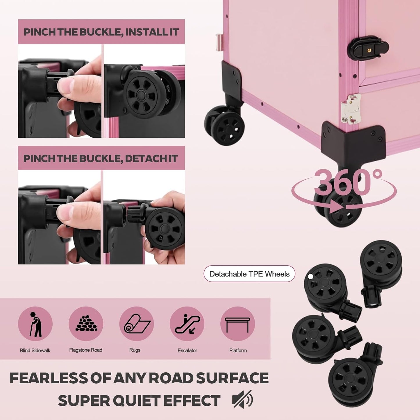Portable Rolling Manicure Table - Foldable Nail Desk with Storage & Adjustable Light | Pink, 3 Drawers