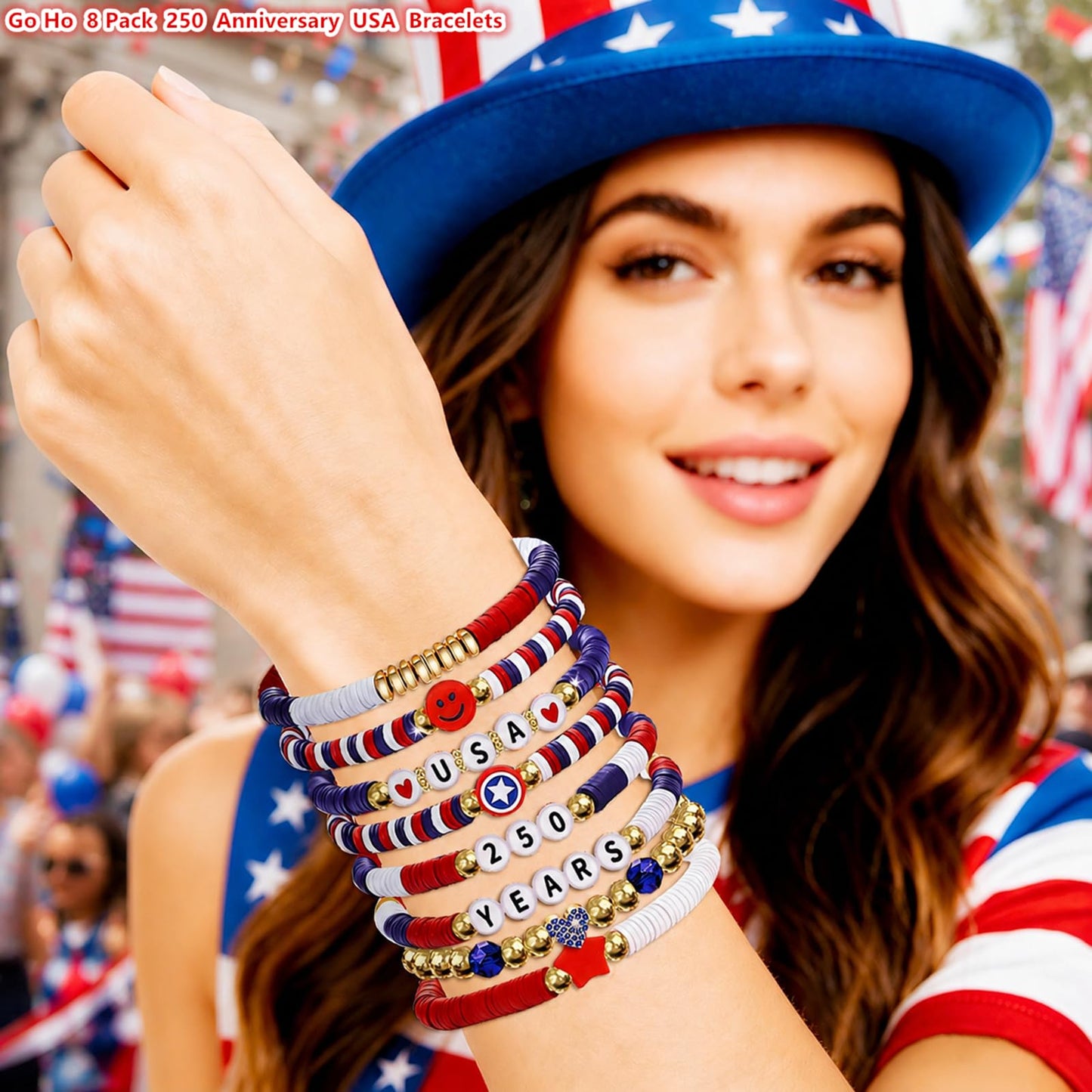 Go Ho 8 Pack 250 Anniversary USA Bracelets,4th of July Outfits Shirts Accessories for Women,Patriotic Red White and Blue Stackable Bracelets Set with USA,250 YEARS,Star&Smile Charms