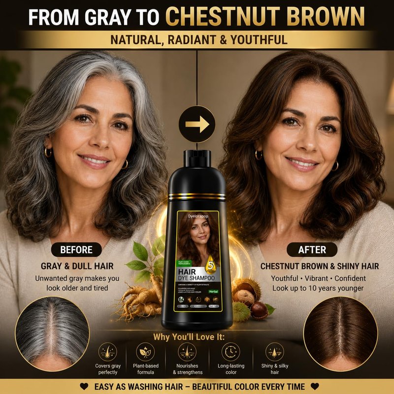 Hair Dye Shampoo 5 in 1 - Herbal Gray Coverage for Women & Men | Nourishing Semi-Permanent Formula, 500ml (Chestnut Brown)