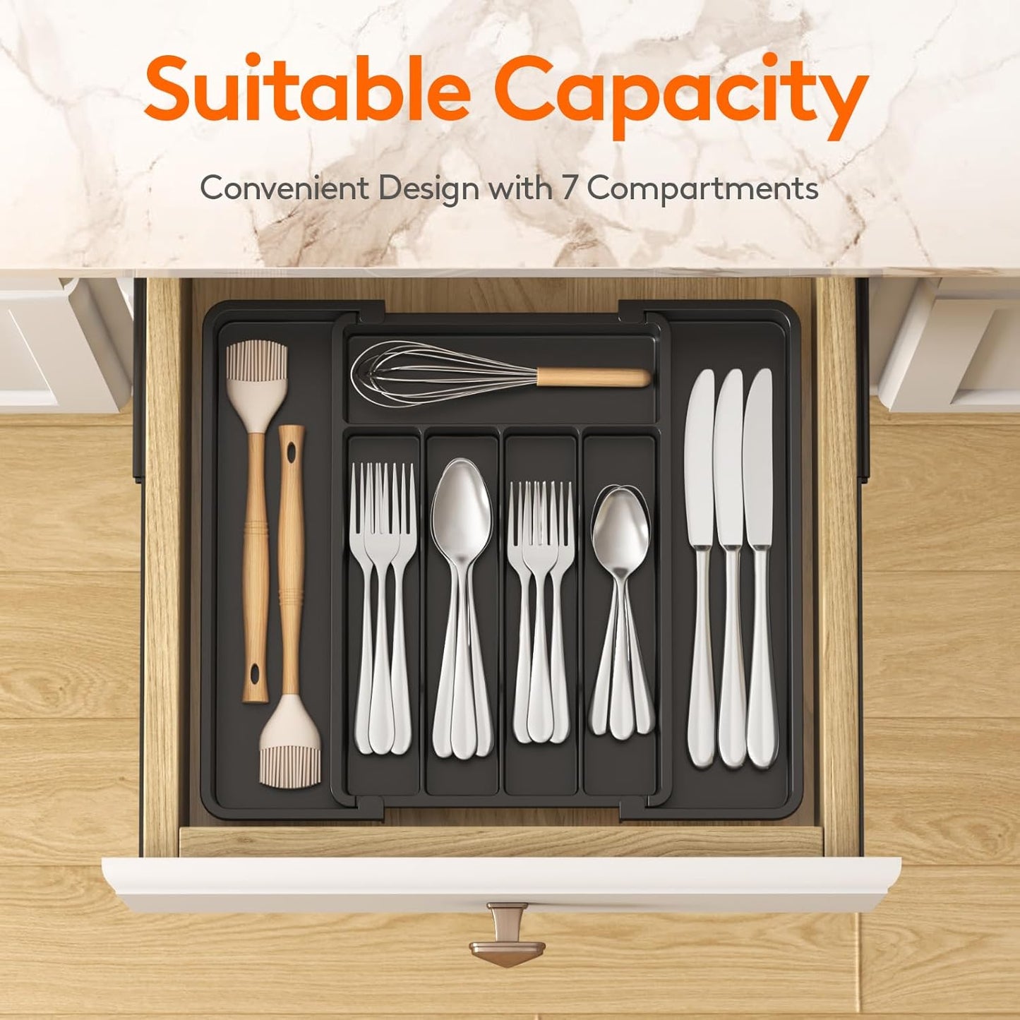 Expandable Silverware Organizer - BPA-Free Plastic Utensil Tray for Kitchen Drawer | Space-Saving Cutlery Holder, Black, 8.5-14 x 12 x 1.5 Inch