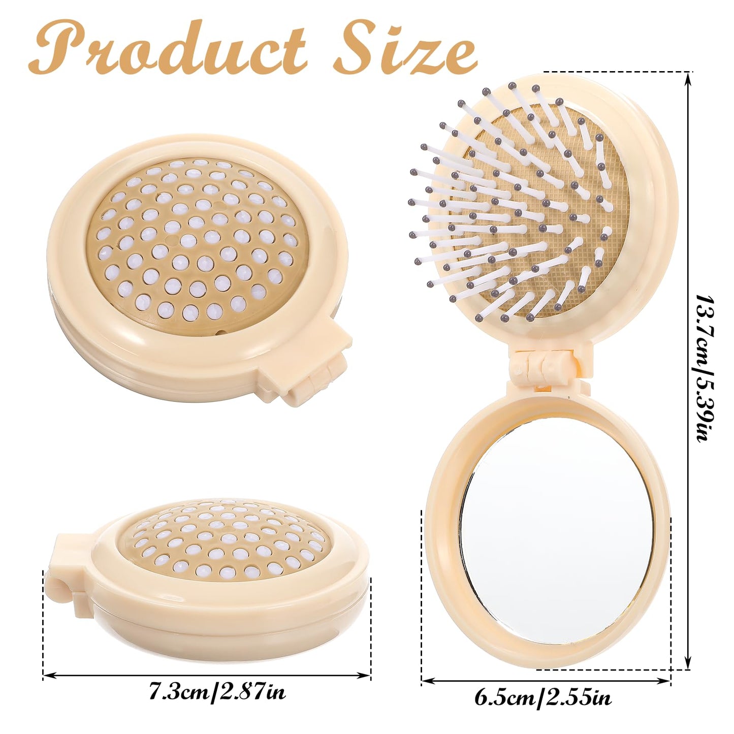 Mini Brush with Mirror Hair Brush with Mirror Travel Hair Brush with Small Mirror Mini Hair Brush and Mirror Combo Round Mini Compact Massage Comb for Purse (Beige)