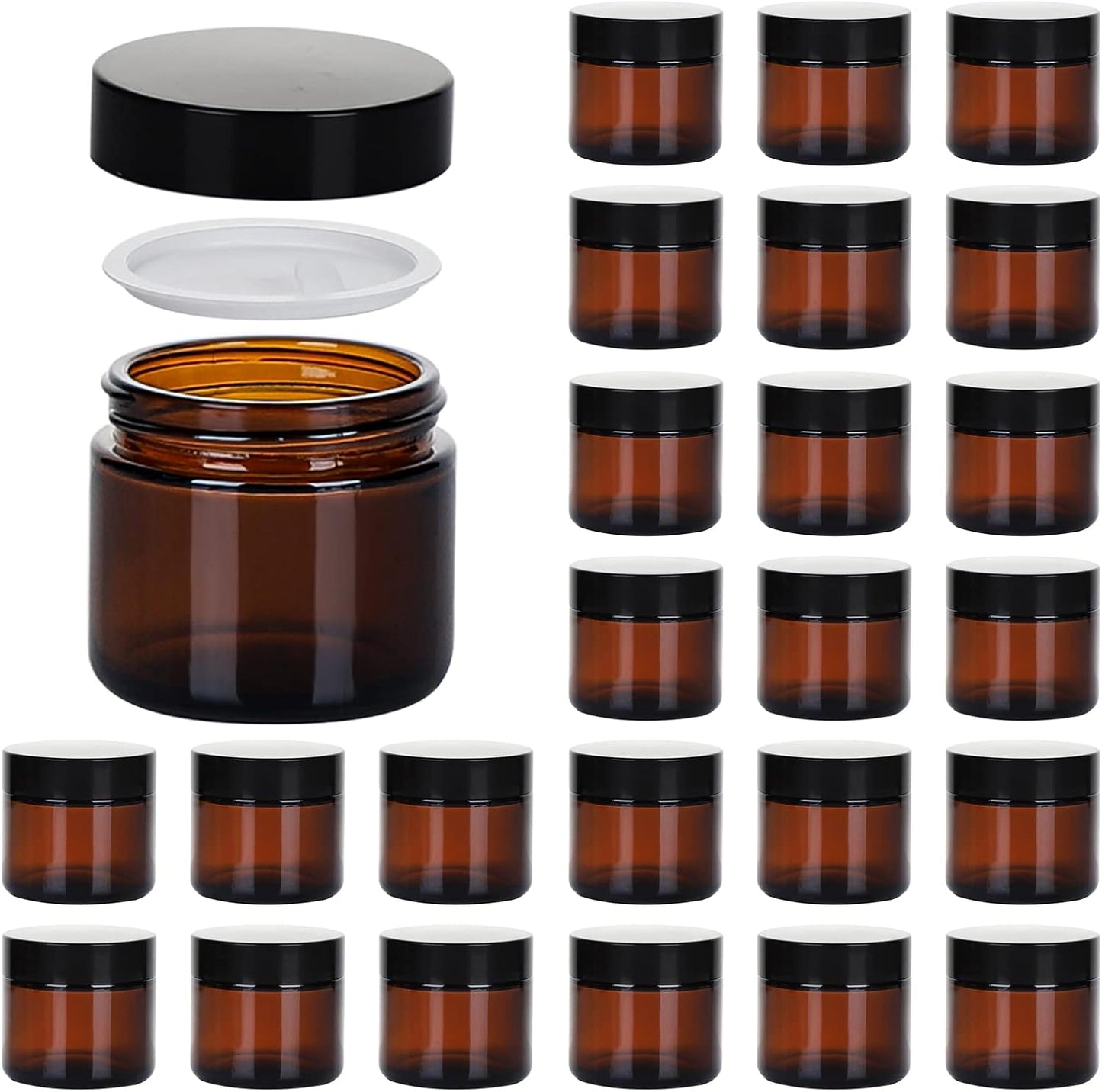 Amber Glass Jars - 24 Pack 2oz Airtight Cosmetic Containers | Round with Black Lids for Lotions & Powders