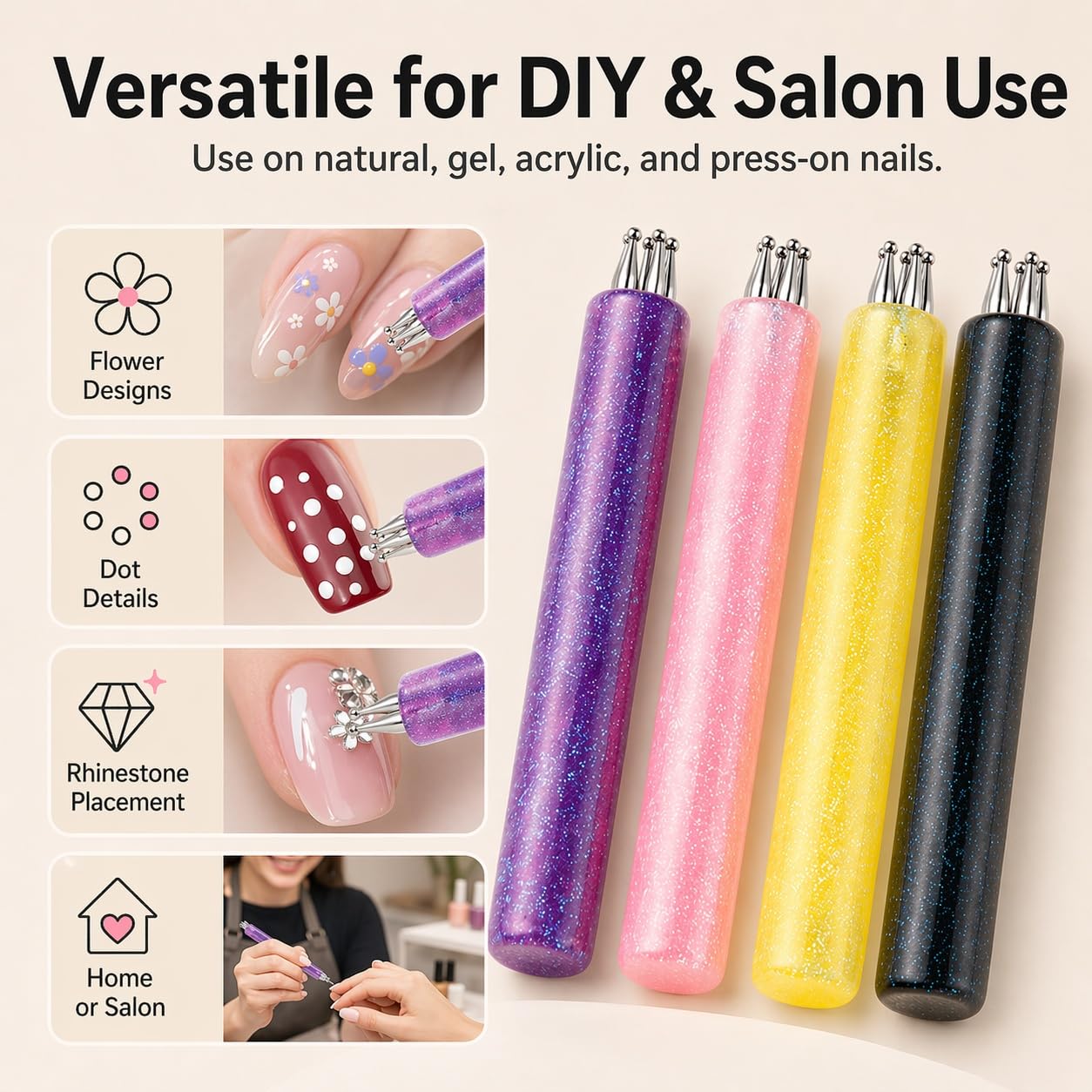 4 Pack 5 Petal Flower Nail Dotting Pen, 1.8mm Fine Tip One Stroke Flower Design Tool, Glitter Handle Nail Art Dotting Tool for DIY Manicure, Rhinestones, Sculpting, Salon