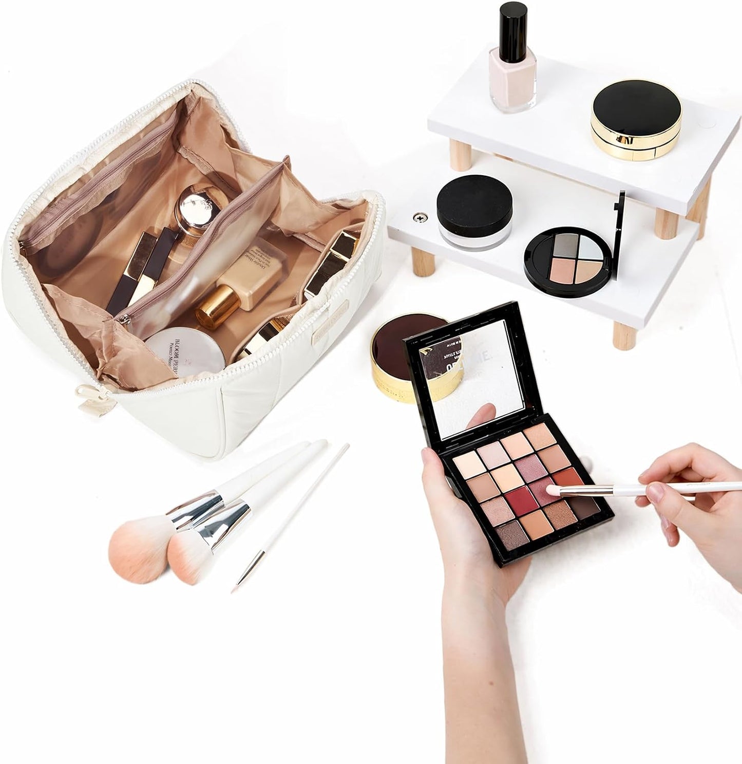 Travel Makeup Bag for Women - Fluffy Lightweight Open Flat Organizer | Multiple Dividers, Beige
