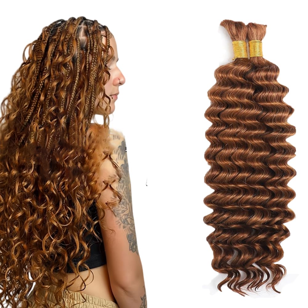 26 26 Inch Color 30 Boho Human Hair Light Brown Boho Hair For Braiding #30 Braids Deep Wave Color 30 Braids Brown Bulk Bohehemian Braiding 100g