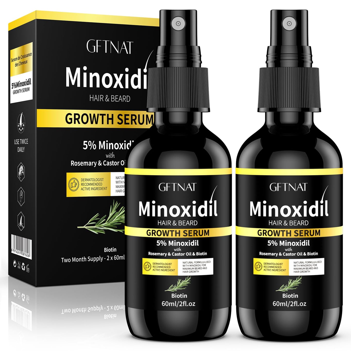 5% Minoxidil Spray for Men and Women Hair Loss Solution with Biotin and Rosemary Hair Growth Serum, Extra Strength 5 Percent Minoxidil for Thicker Fuller Hair Regrowth, 1.96 Fl Oz (Pack of 2)