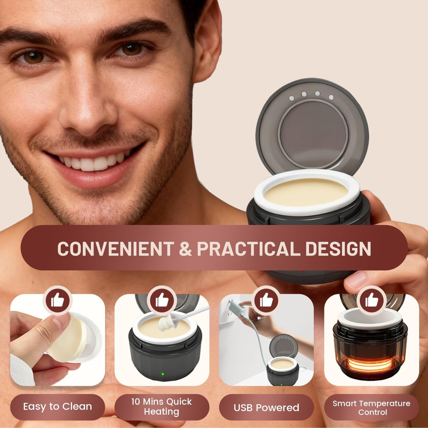 Nose Wax Kit Men & Women, USB-C Mini Wax Warmer with Silicone Pot for Nose, Ear & Eyebrow Facial Hair Removal at Home, 50g Hard Wax Beads, 10 Nose Sticks, 6 Applicators & Mustache Protectors (Black)