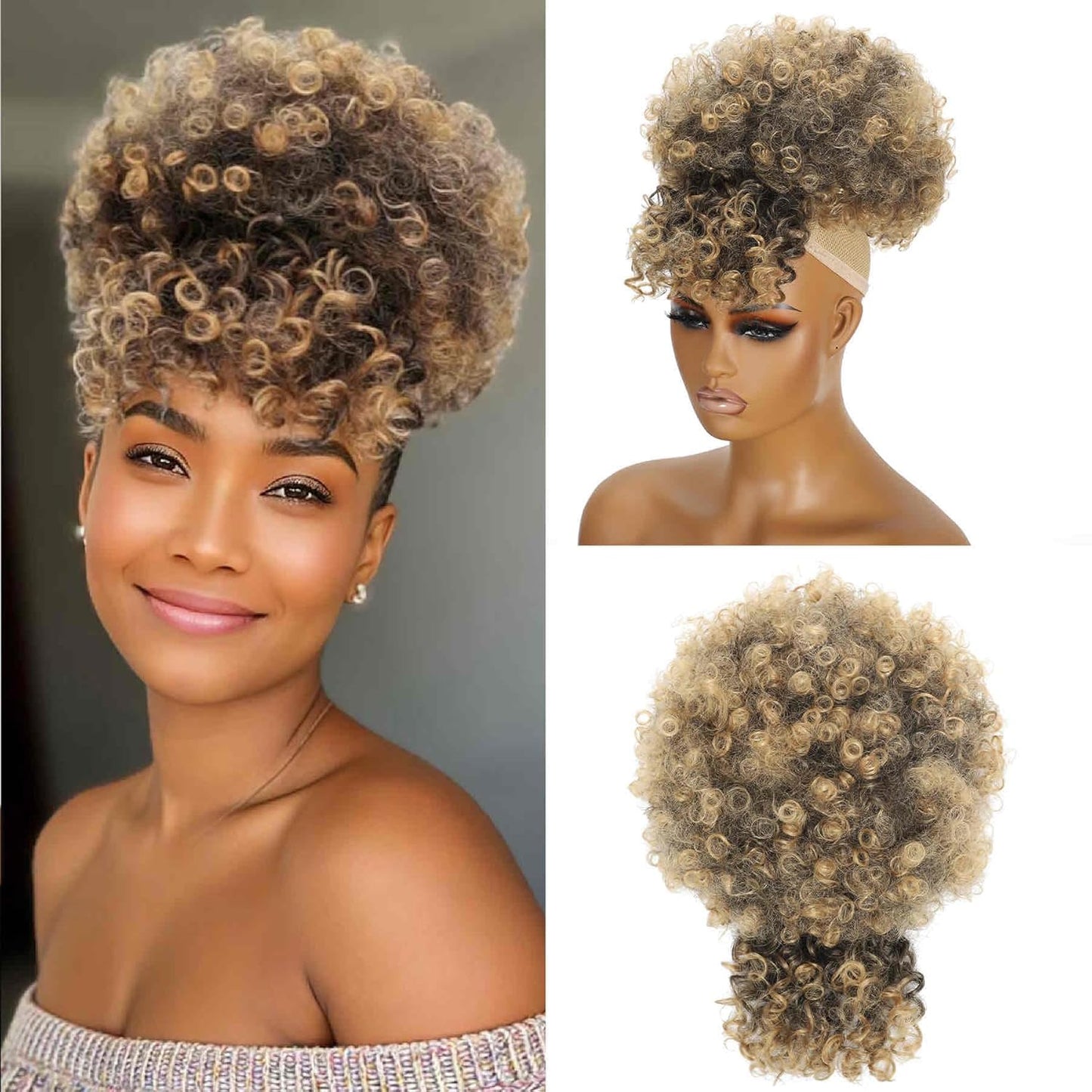 Ponytail Extensions with Bangs - Afro Puff Kinky Curly Hairpiece for Women | Short Natural Updo (1BT27)
