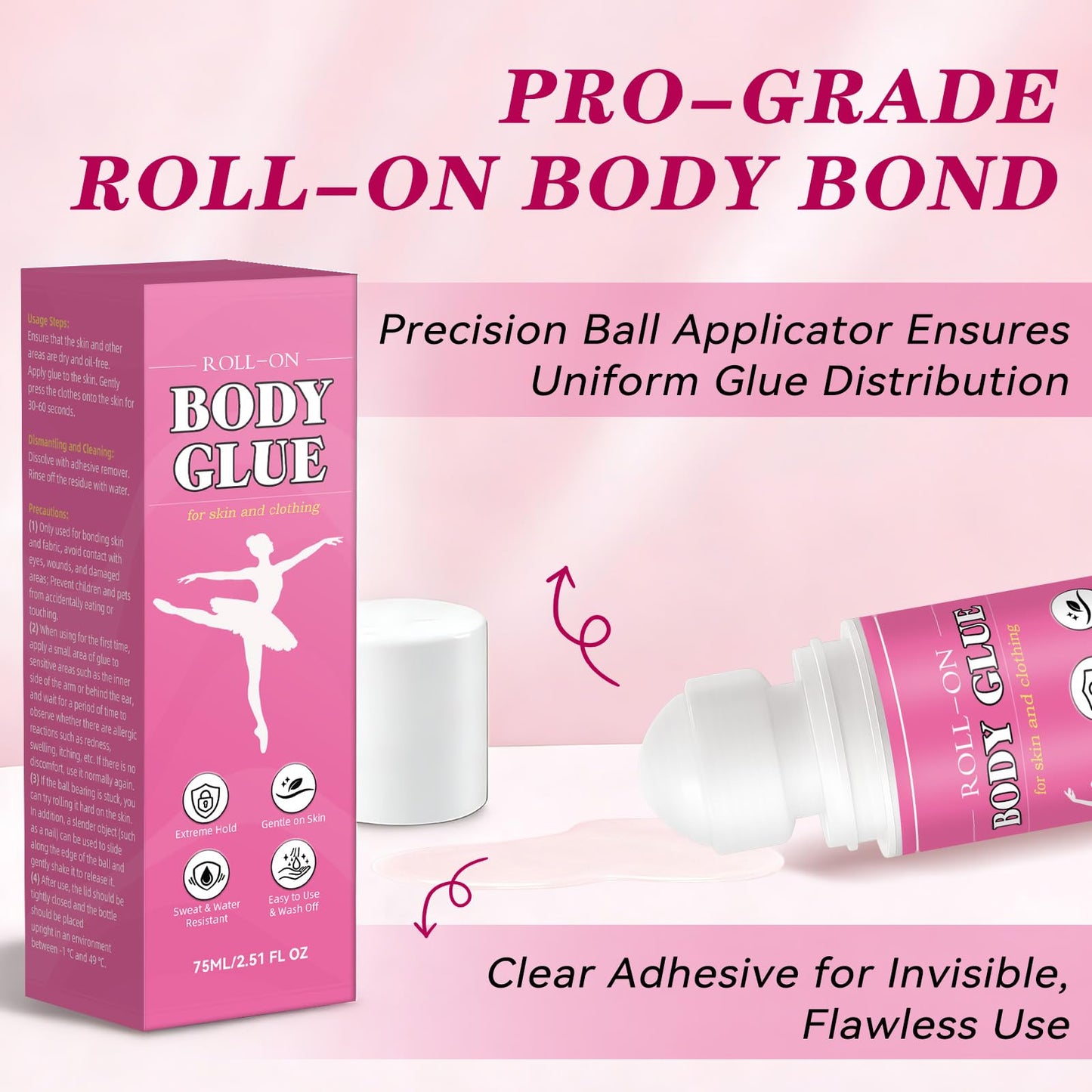 Body Glue for Clothes & Skin 2.54 Oz, Roll-On Body Adhesive, Sweat Resistant, Skin-Friendly and Washable Fashion Glue, Fabric-Safe Fashion Tape Glue for Dancers, Socks, Leotards, Bras, Wigs & Costumes