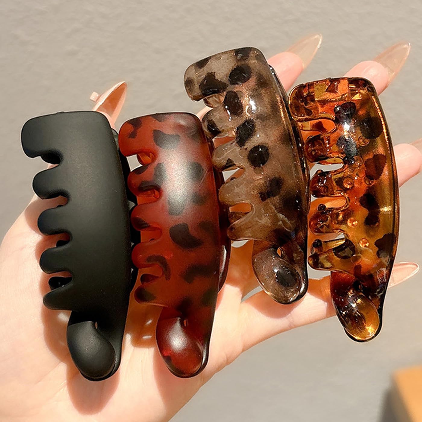 Retro Oval Leopard Print Banana Hair Clips - 4PCS Non-Slip Claw Clips for Ponytails & Buns | Cute Hair Accessories for Thin Hair