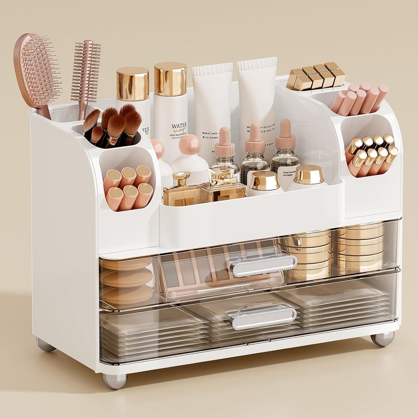Makeup Organizer for Vanity - 2 Large Drawers & Brush Holders | White Cosmetic Display Case for Skincare & Perfume