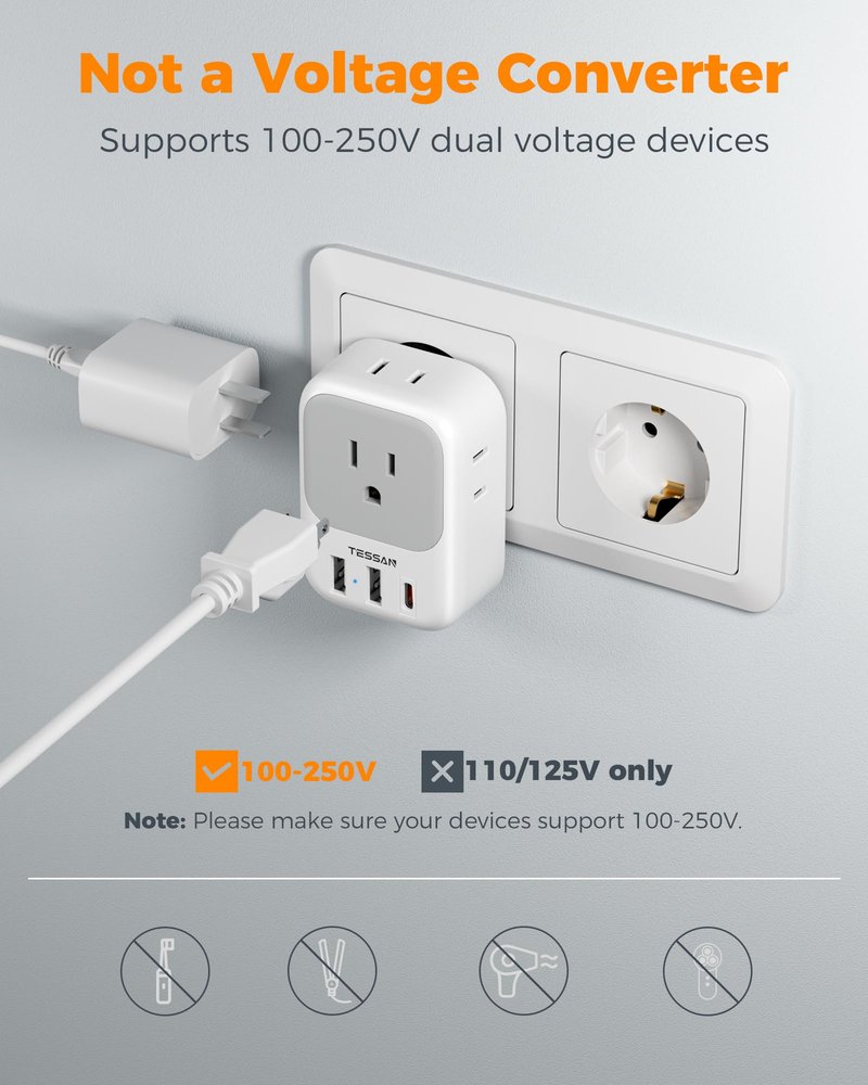 2 Pack European Travel Plug Adapter, TESSAN Europe Power Converter 4 Outlets 3 USB(1 USB C PD 20W), Type C International Adaptor to Italy Spain France Portugal Iceland Germany, EU Travel Essentials