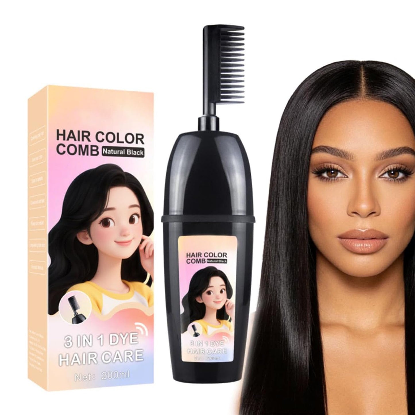 3-In-1 Herbal Hair Coloring Comb | Easy Hair Coloring At Home With Built-In Brush | Retro Red 200ml – No Mix, Ammonia-Free, Covers Grays & Nourishes With Argan Oil & Ginseng (Natural Black)