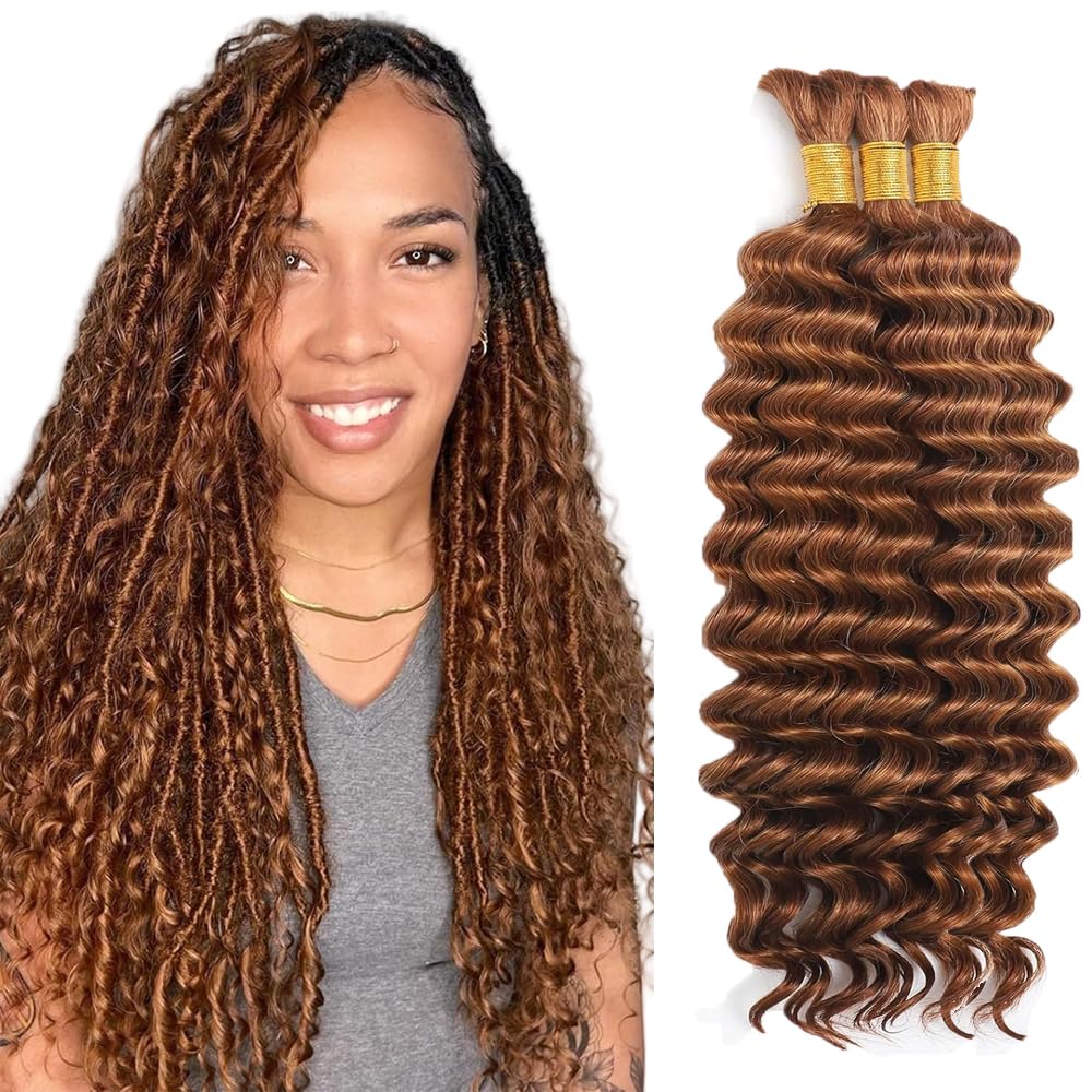 30 30 30 Inch #30 Human Braiding Hair For Boho Braids light Brwon Bulk Crochet Human Hair Boho Braiding #30 Deep Wave Braids Bulk Bohemian 3 Bundles/Pack 150g