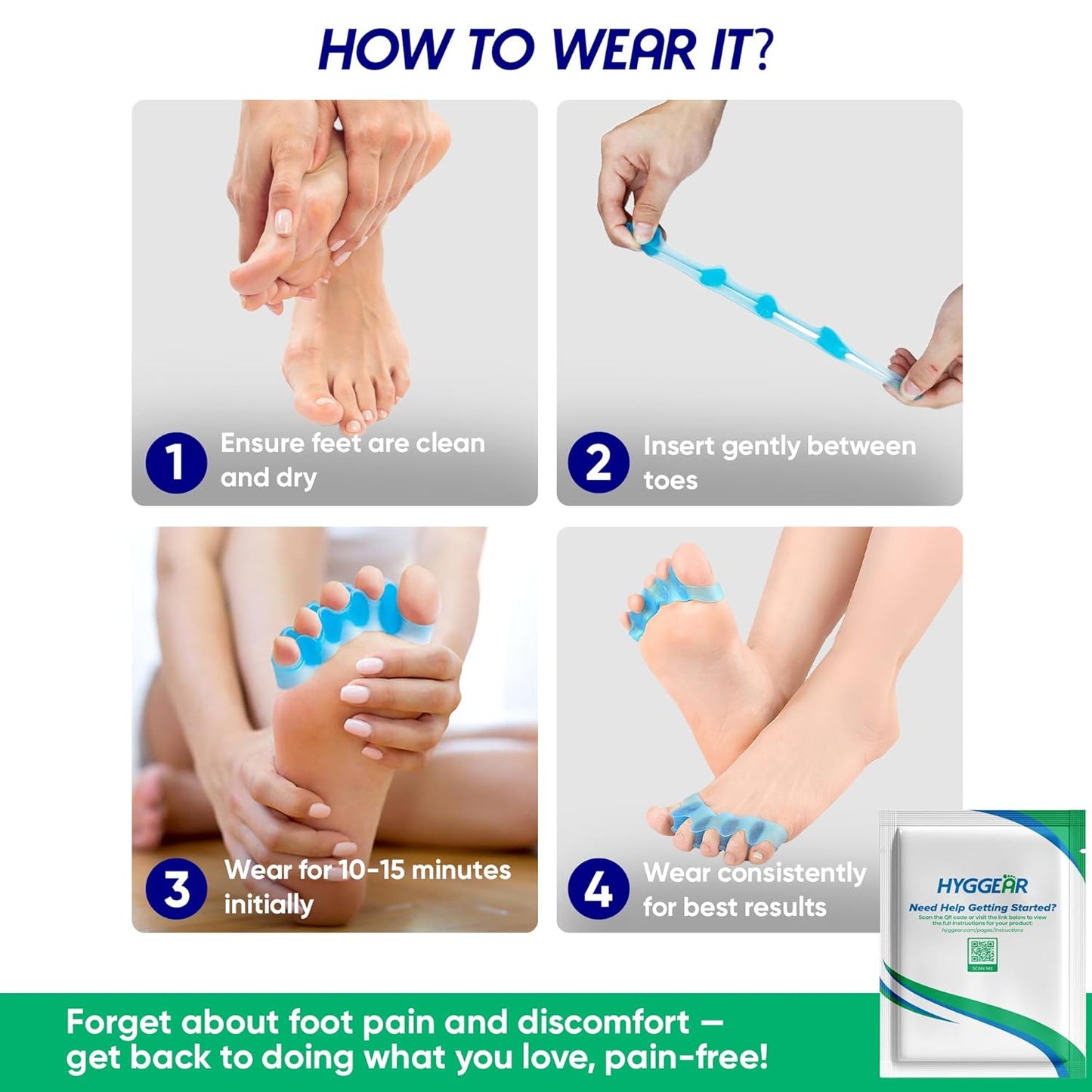 Toe Separators for Bunions | Gel Toe Spacers & Hammer Toe Straightener | Silicone Stretcher for Yoga (1 Pair, Blue)