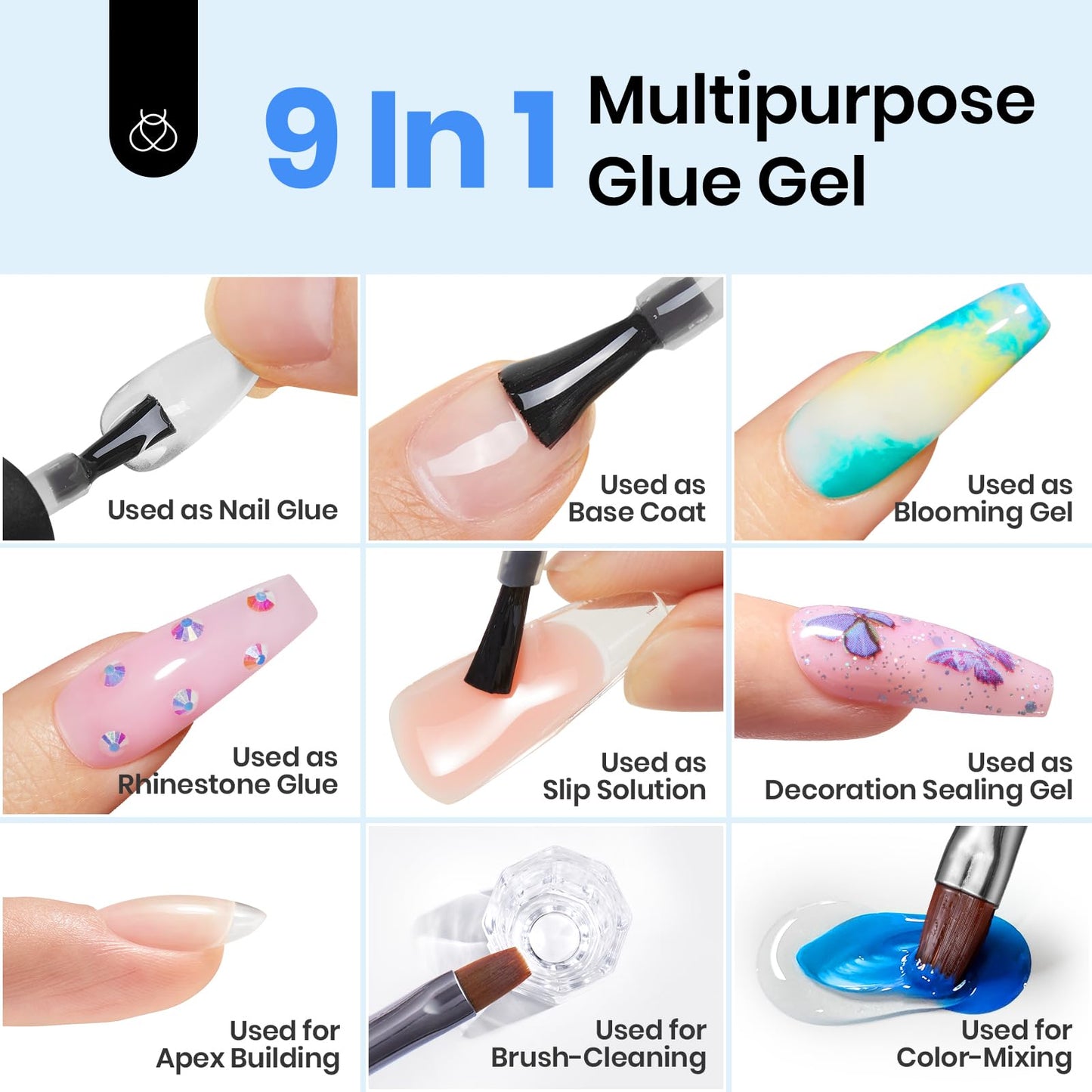 Beetles 9 in 1 Nail Glue Gel for Nail Tips and Clear Acrylic Nails Long Lasting, Curing Needed UV Extension Glue for False Nail Tips and Clear Press on Nails, Summer Nail Art