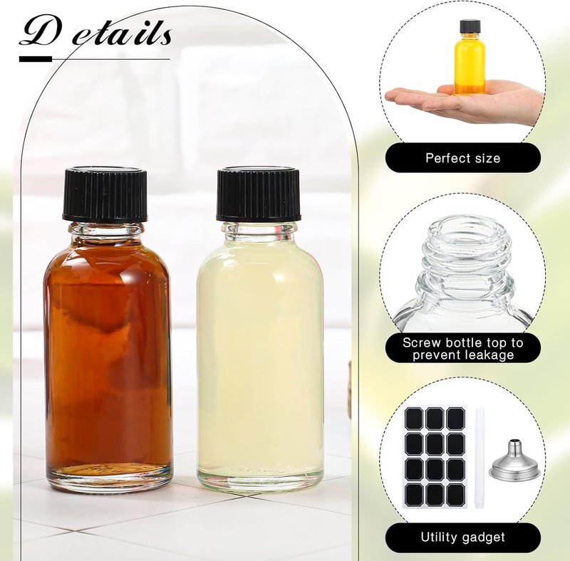 Clear Boston Round Glass Bottles - 1 oz with Black Caps & Funnel | 48 Pcs for Essential Oils & Extracts
