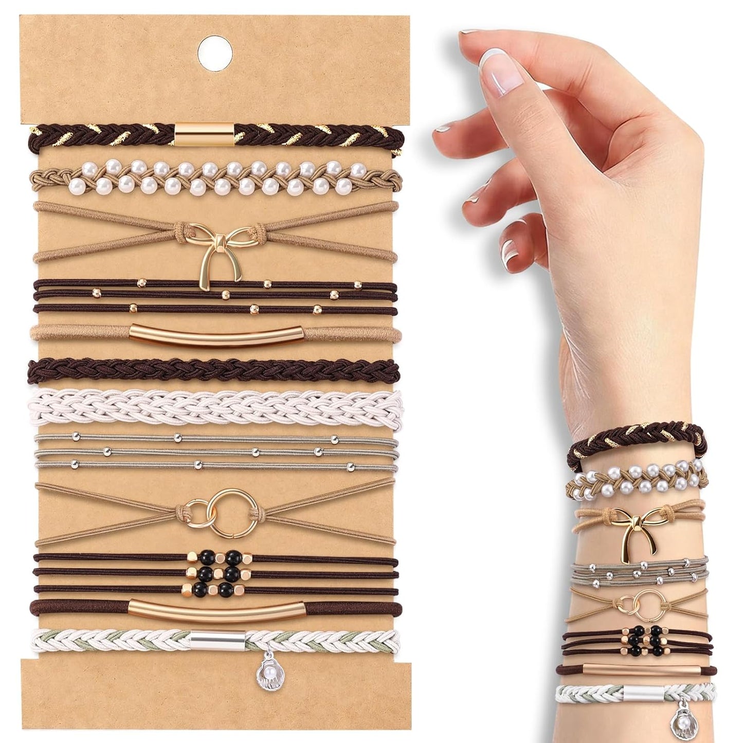 10PCS Hair Ties Bracelet Set - Soft Braided Boho Elastic Hair Bands for Women | Beige & Light Coffee