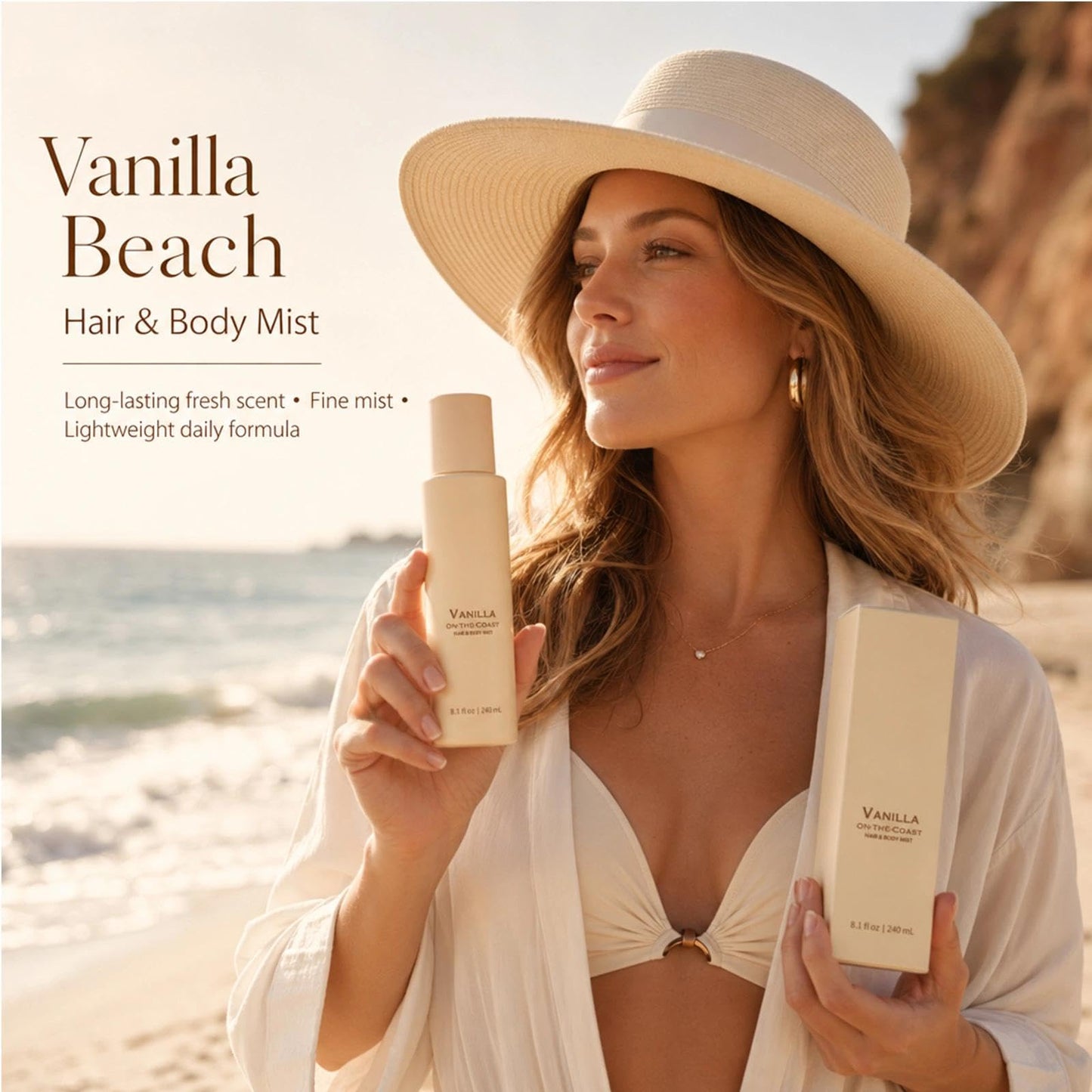 OFOBES Vanilla Beach Fragrance Spray, Vanilla on the Hair and Body Mist - Long Lasting Fragrance Spray, Natural & Vegan Beach Scent for Women, Alcohol-Free, 8.1floz