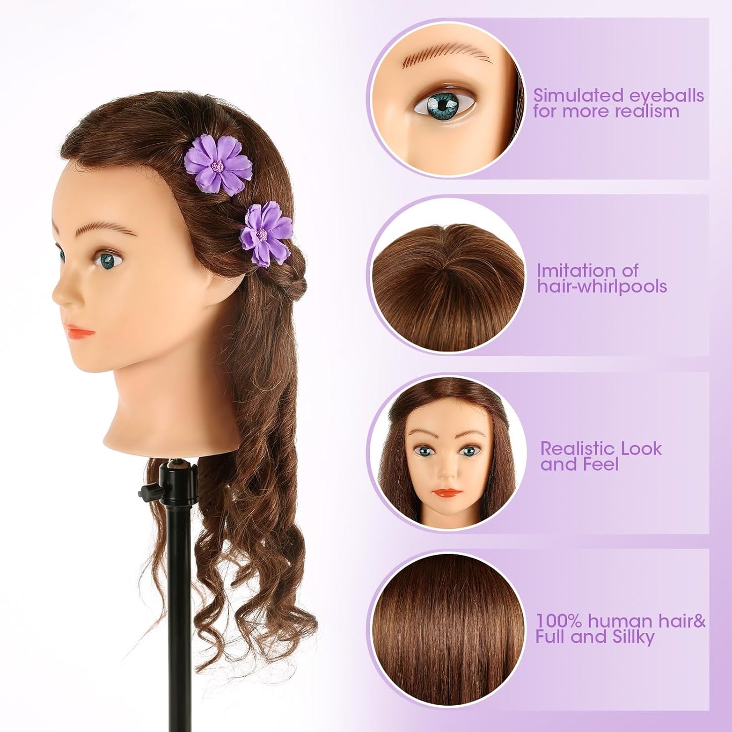 Human Hair Mannequin Head - 18'' Realistic Cosmetology Training Doll with Clamp & Tools | Dark Brown, Blue Eyes