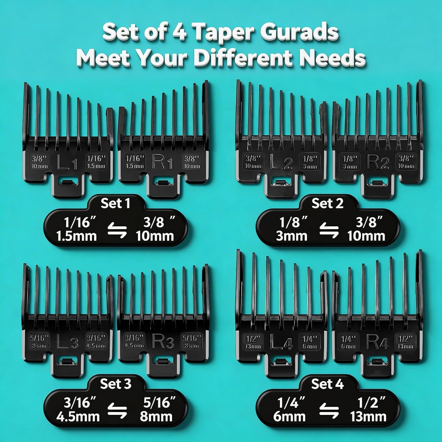 Fade Guide Set for Wahl Clippers - Taper Guards Replacement, 4 Black Sets