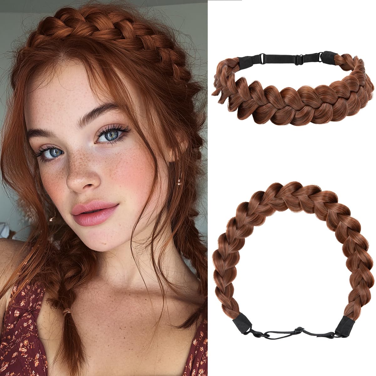 Wide Elastic Braided Headbands for Women - Adjustable Synthetic Hair Hairpiece | Red Vino