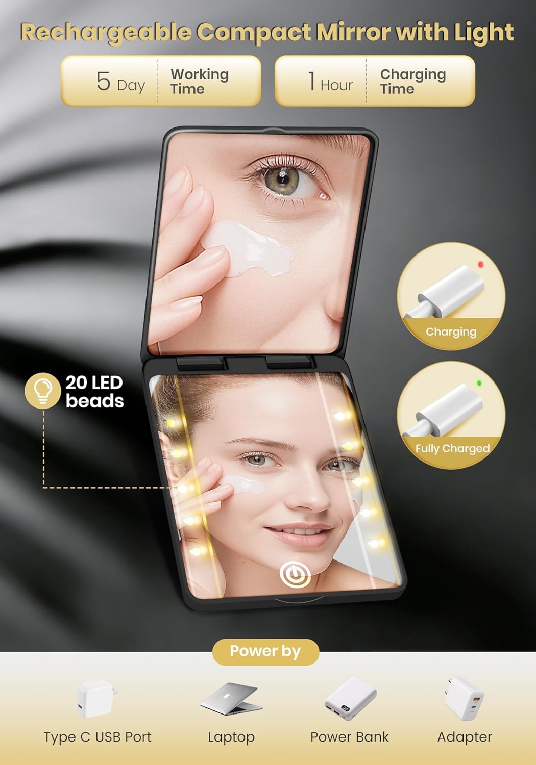 Rechargeable 30X Magnifying Compact Mirror - 3 Lighting Modes & Dimmable Brightness | Portable Travel Makeup Mirror for Women - Black