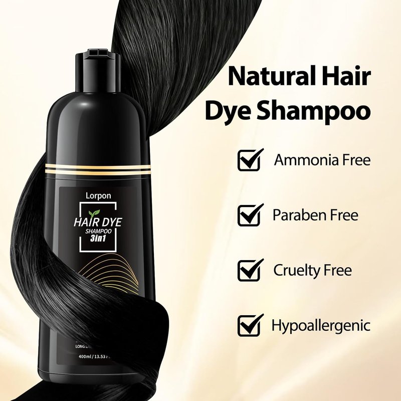 Black Hair Dye Shampoo - 3 In 1 Semi-Permanent Color for Gray Coverage | Natural Black with Argan Oil & Ginseng, 400ml