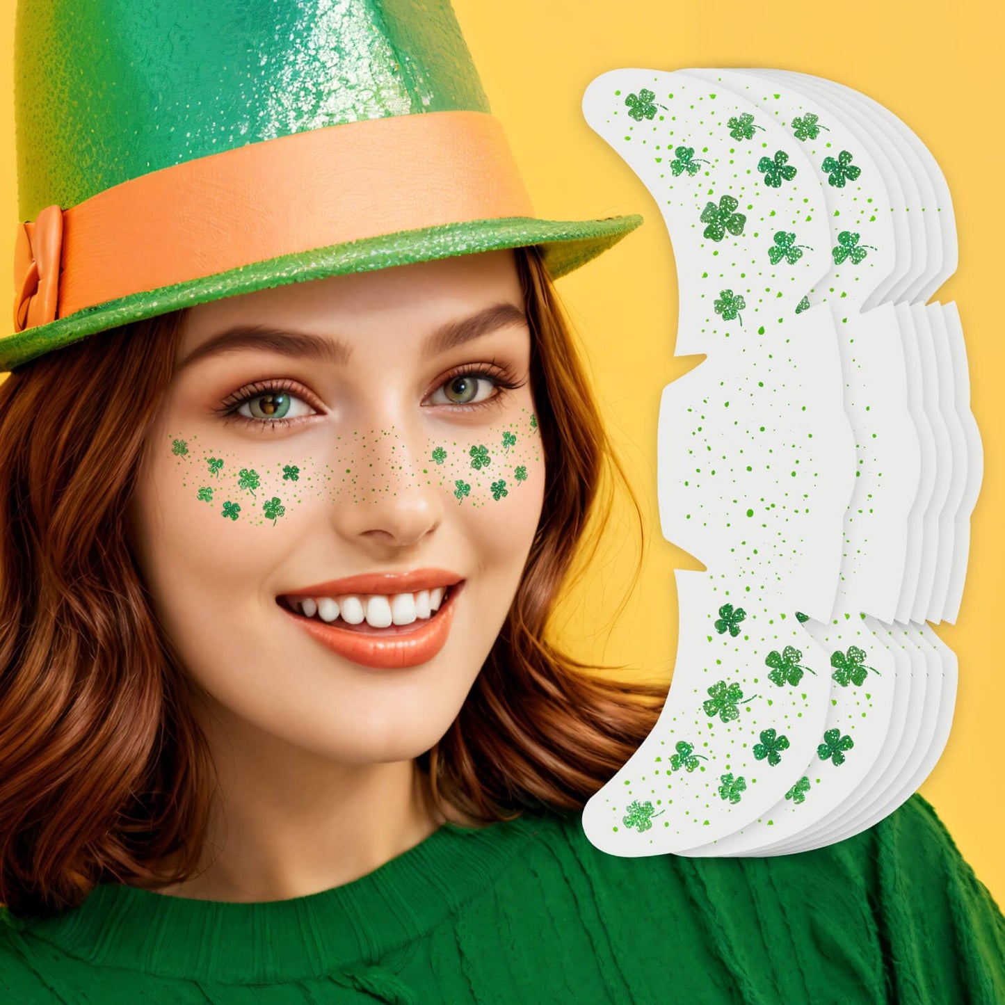 Paminify St Patricks Day Accessories, Green Shamrock Temporary Face Glitter Freckles Tattoos,St Patty's Green Face Tattoos Sparkle Glitter Makeup,Saint Patrick's Day Outfit for Women,6 PCS