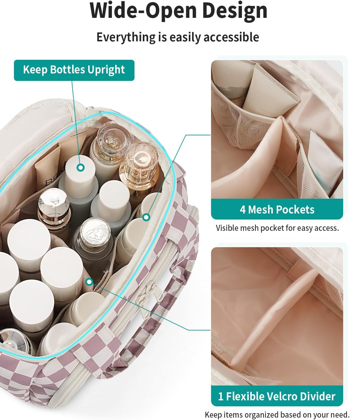 Checkered Travel Toiletry Bag for Women - Large Makeup Organizer with Handle | Dusty Pink Checkerboard