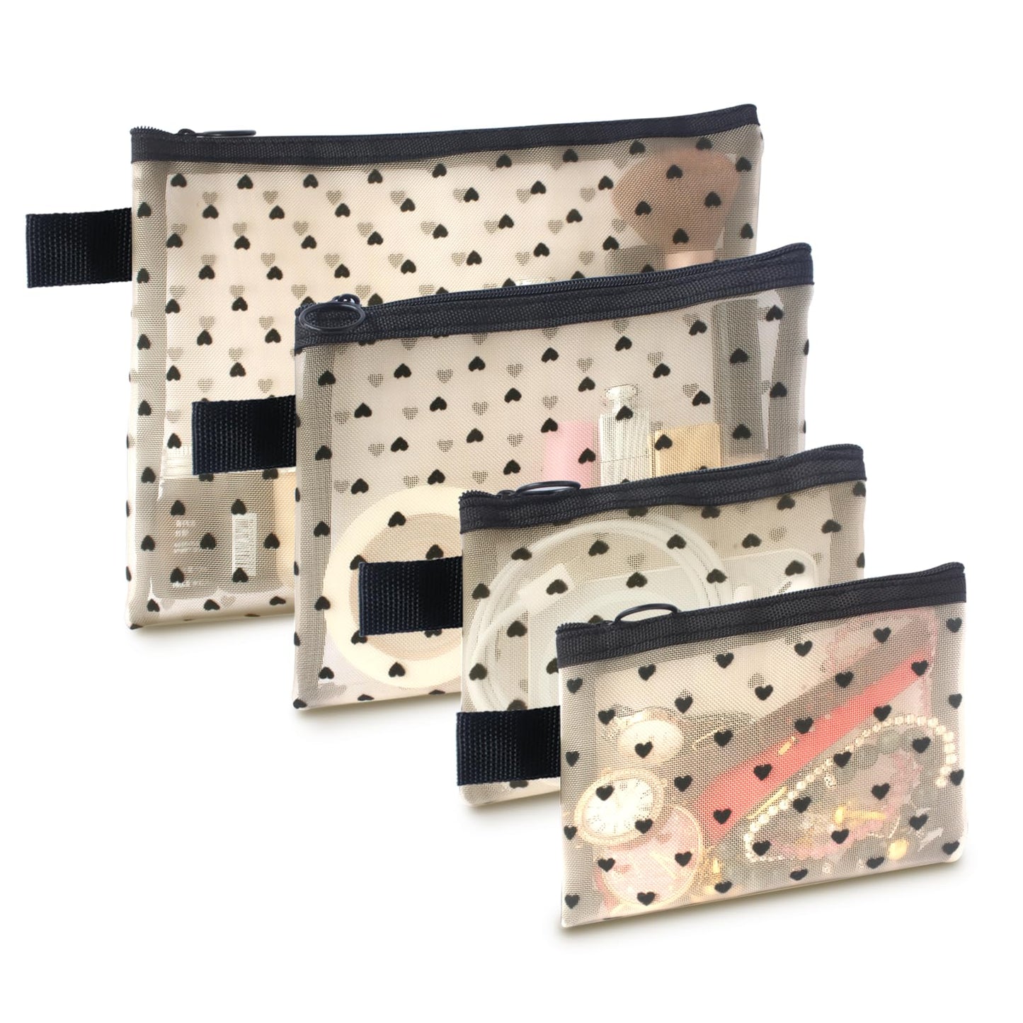 4-Piece Heart Printed Mesh Makeup Bag Set, Portable Travel Mesh Cosmetic Bags Toiletry Bags Makeup Purse Bags, Zipper Storage Pouches for Home Offices Travel Accessories (Beige)