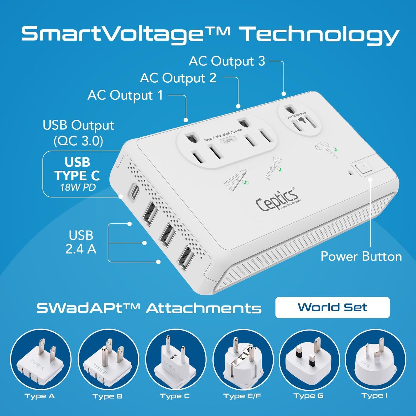 2000W Travel Voltage Converter - Step Down 220V to 110V for Hair Dryers, Curling Irons & Chargers | 4 USB Ports, QC 3.0