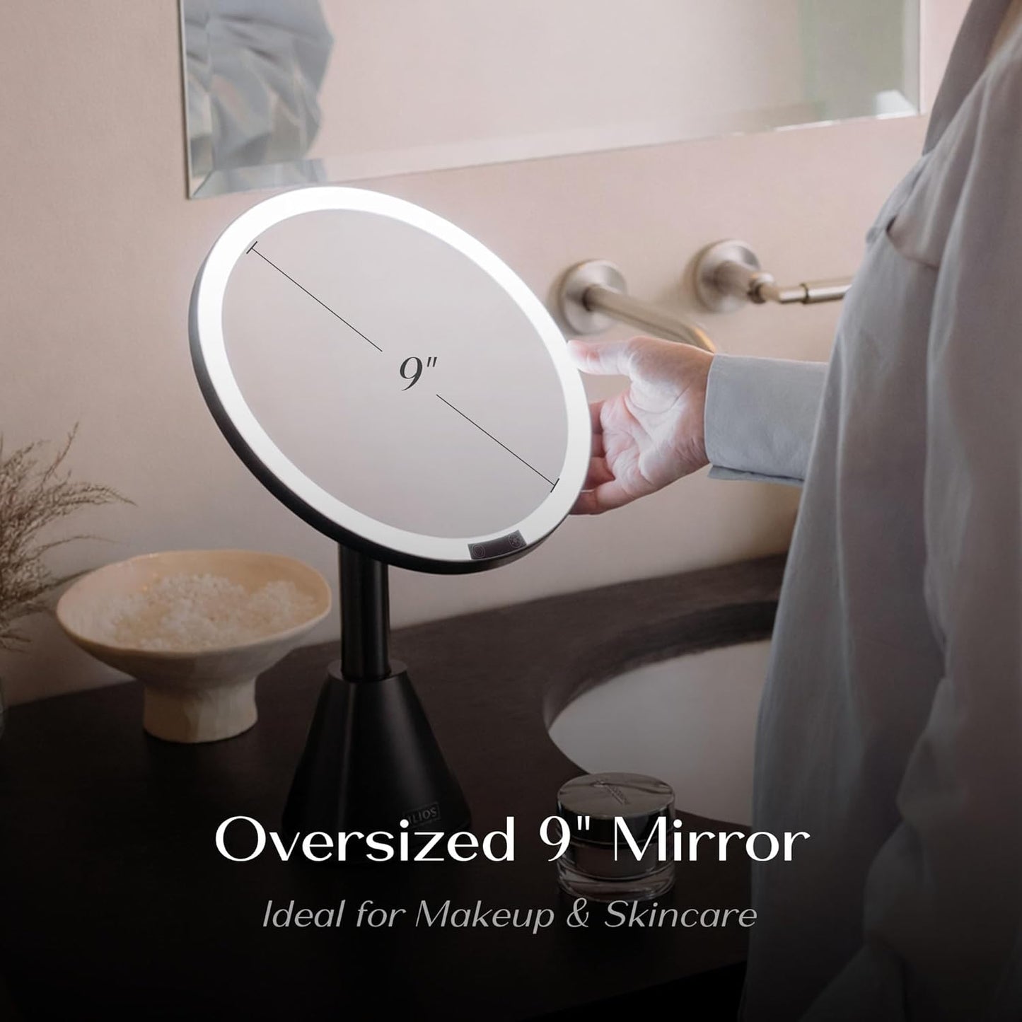 Ilios Lighting 9" Lighted Makeup Mirror - 5X Magnification, Rechargeable LED, Adjustable Lighting (3200K–6500K) | Black