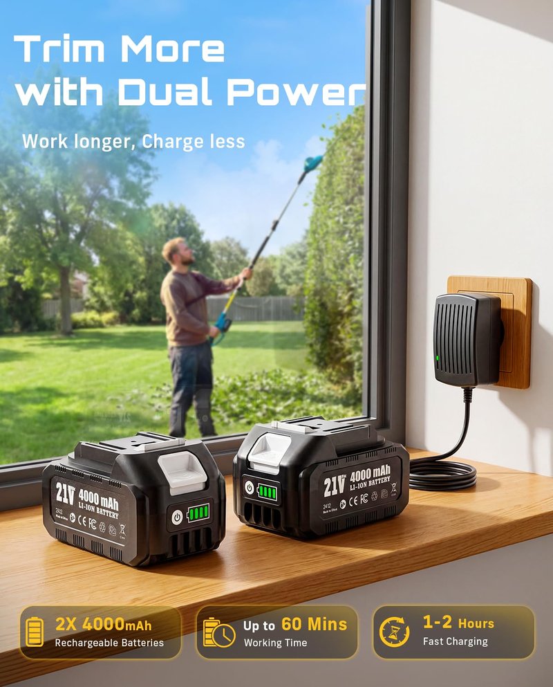 SEESII 20V Pole Hedge Trimmer Cordless, Electric Hedge Trimmer with Extension Pole, 8.5 FT Telescopic Pole with Shoulder Strap, 2 Packs 4.0Ah Batteries & Charger, Long Reach Bush Shrub Trimmer