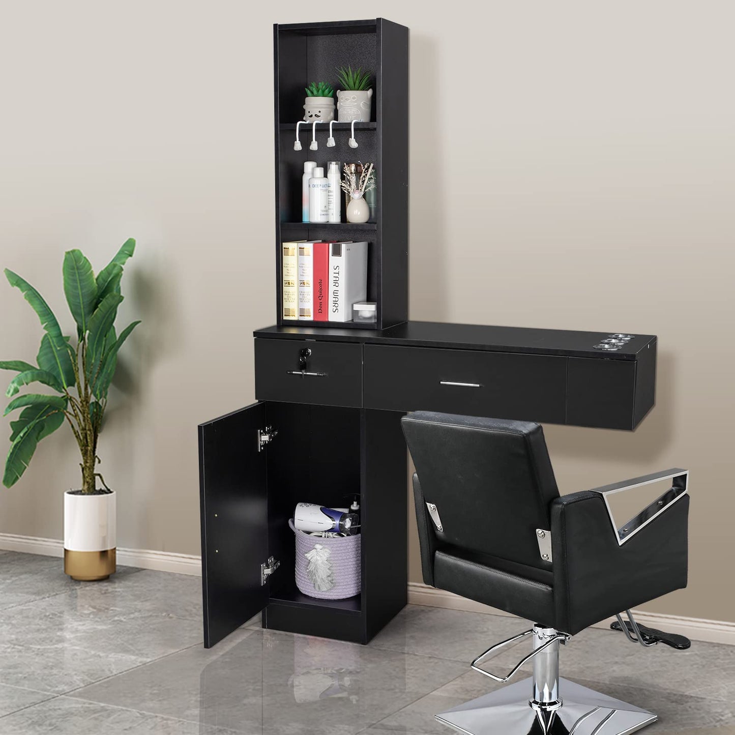Wall Mount Barber Stations, Salon Stations for Hair Stylist, Hair Styling Equipement Set with a Storage Cabinet