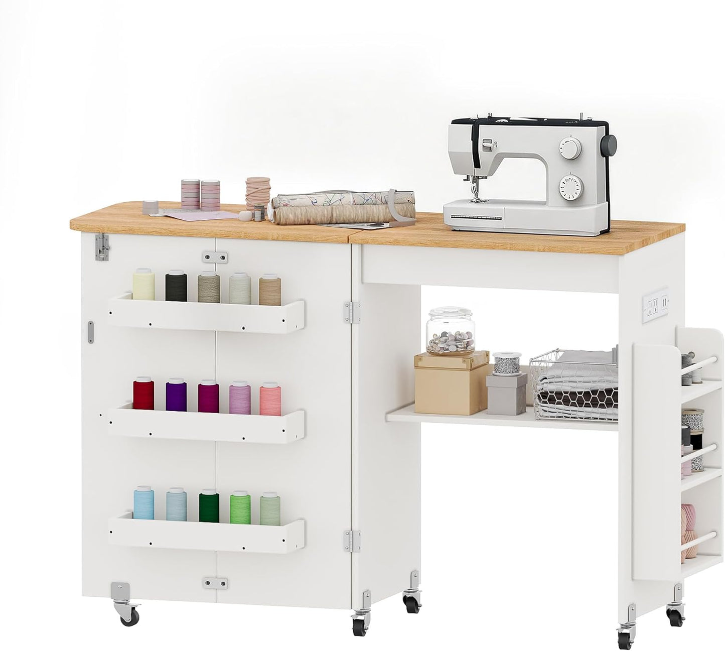 Sewing Table with Storage - Folding Design with Charging Station & Lockable Casters | White