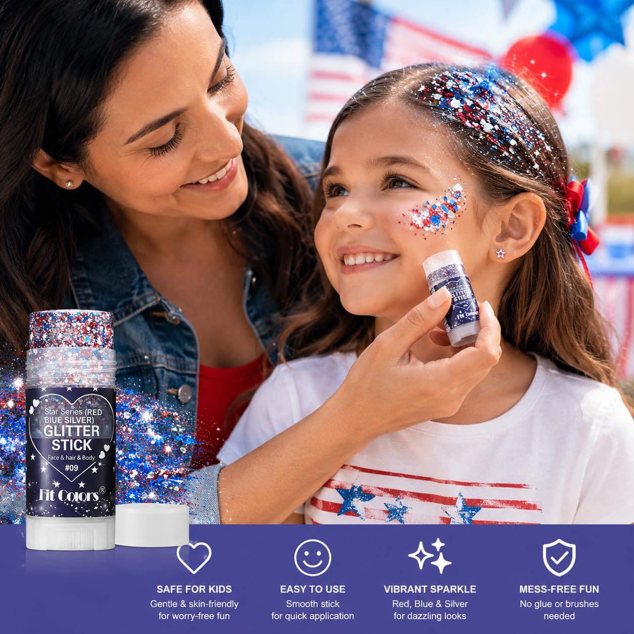 Honlley Patriotic Red White and Blue Face Hair Body Glitter Stick, Waterproof 4th of July Outfits Accessories for Women Kids, USA Flag Fourth Sparkle Makeup for 250 Anniversary Memorial Veterans Day