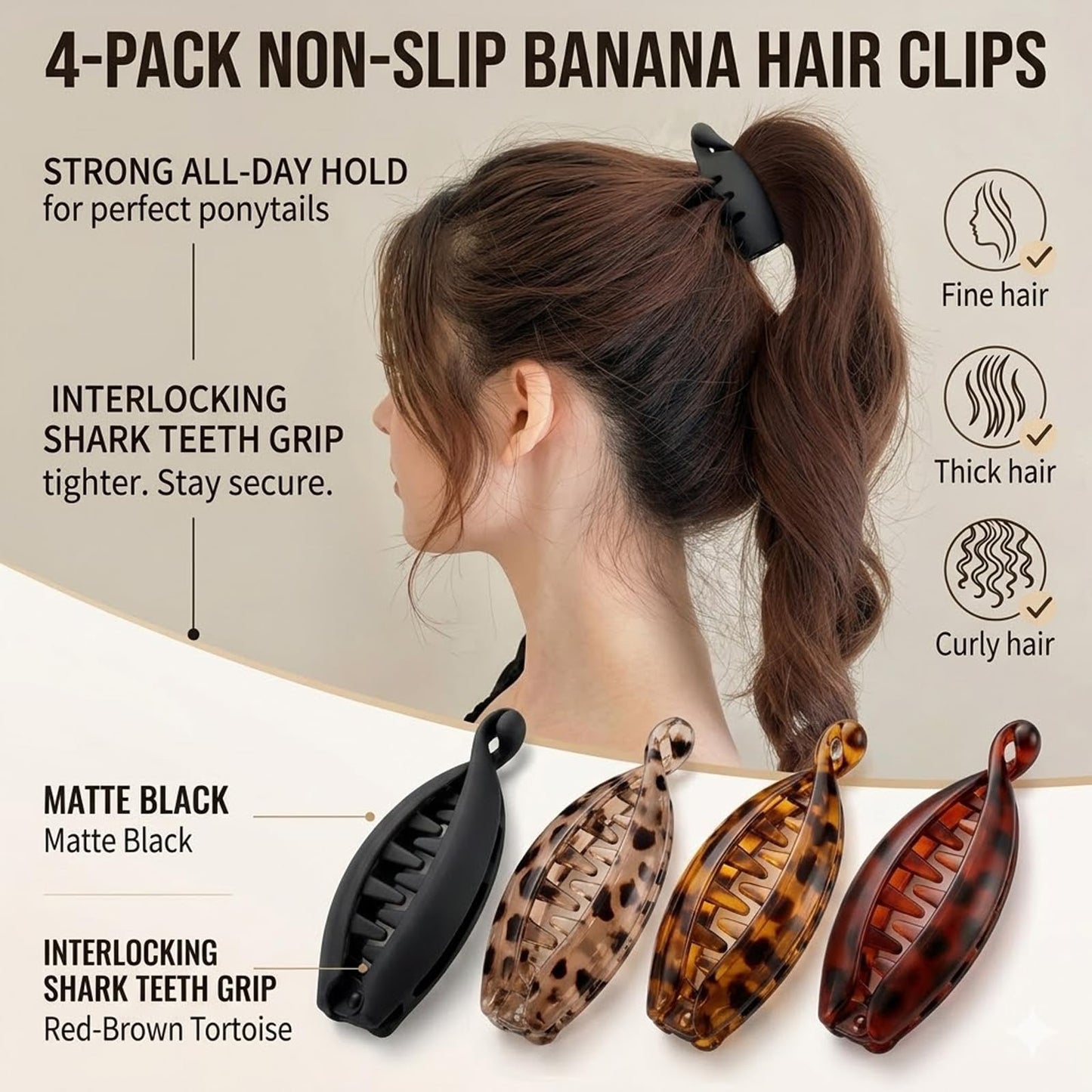 4Pack Non-slip Banana Hair Clip, Leopard Print Matte Mini Banana Clip, Strong Hold Non Slip, Ponytail Fixing Artifact for Ponytails Buns Daily Decoration (1PC-A)