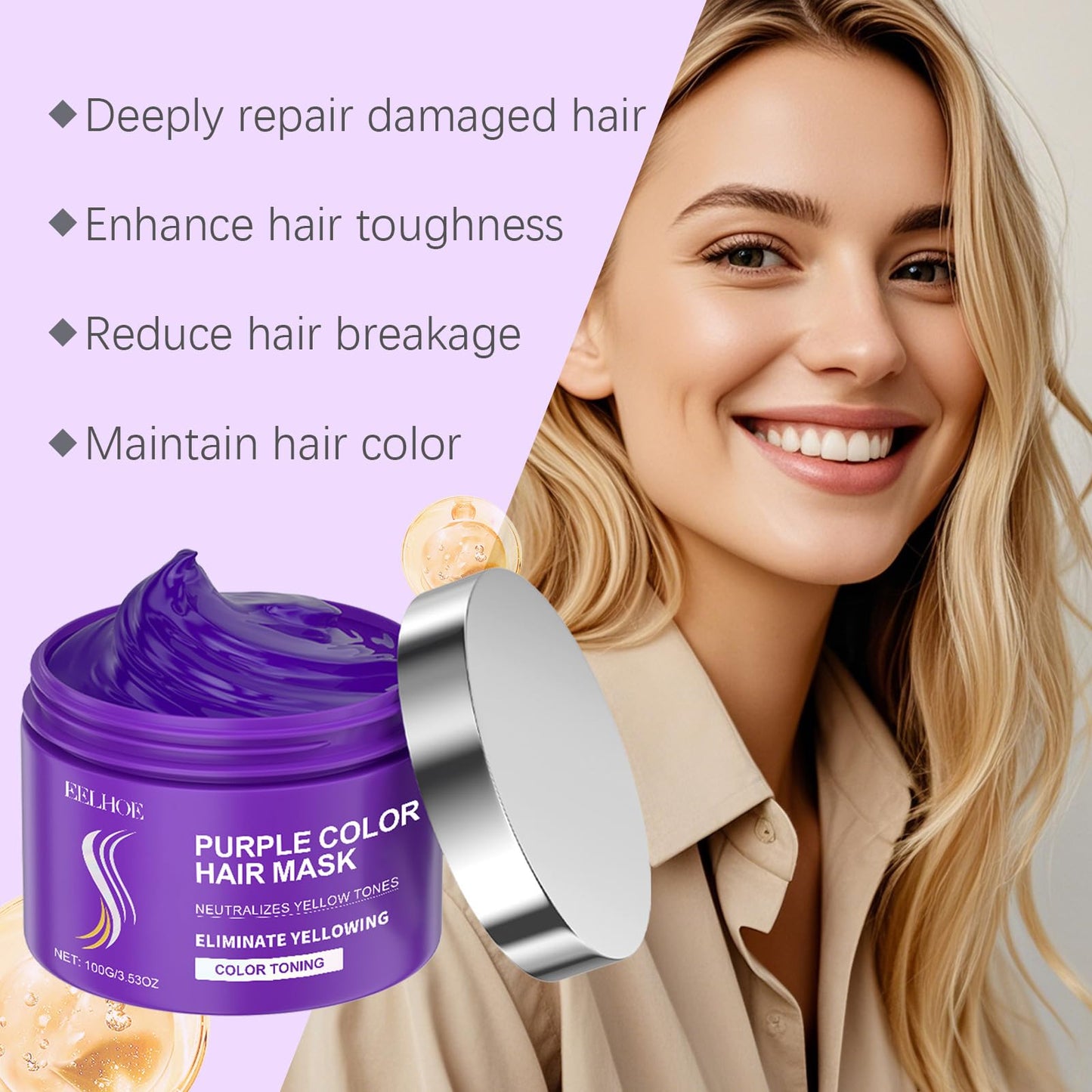 Dulele Keratin Hair Mask, Purple Collagen Hair Mask Essence, Deep Conditioning Hair Treatment Mask Repair Treatment Damage Hair Root, Neutralizes Brass & Yellow Tones,100g/3.53oz
