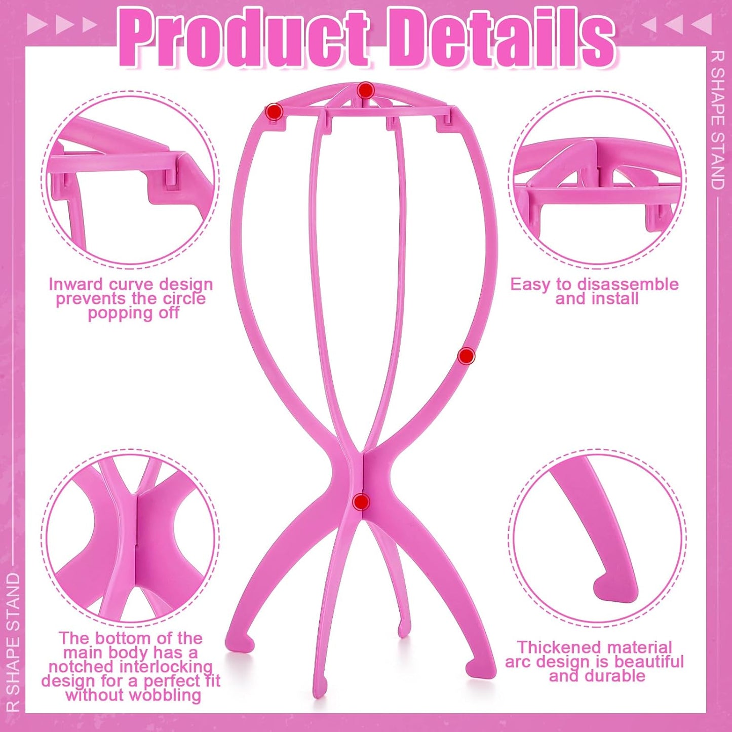 Pink Wig Head Stand Set - 2 Pack with 3 Wig Brushes | Travel Holder for Women’s Wigs