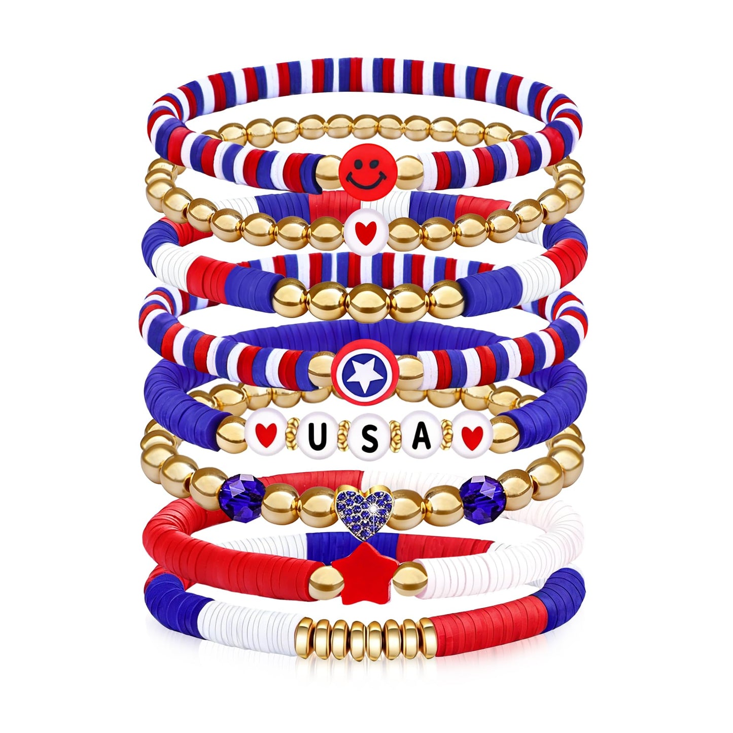 lakayfimily 250 Anniversary USA Merchandise 4th of July Outfits for Women Men Teens Red White Blue Clay Beaded Stretch Bracelets USA Patriotic Jewelry 4th of July Accessories