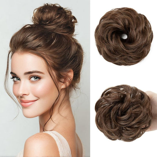 CJL HAIR Small Messy Bun Hair Pieces for Women Thin Hair Synthetic Curly Mini Scrunchies Hairpiece Updo with Elastic Band 2PCs Chocolate Multi