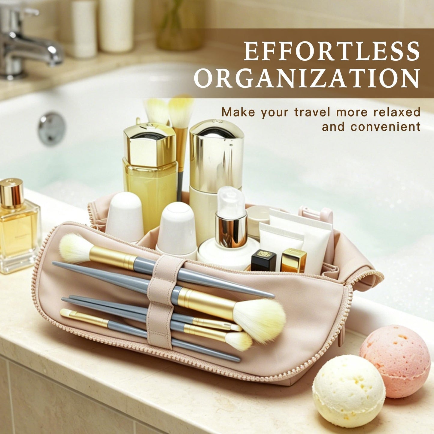 Minoisome Travel Makeup Bag,PU leather toiletry bag,make up organizer case for women,Large Capacity Cosmetic Bag,Wide-open Pouch Purse，Toiletries Accessories，Fold-Down Design and Adjustable Dividers.