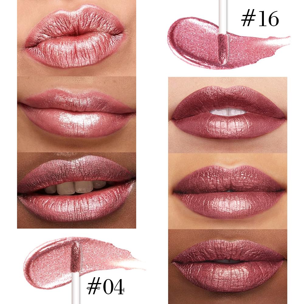 evpct 2Pcs Rose Gold Mauve Metallic Glitter Lip Liner and Lipstick Combo, Shimmery Lip Gloss Stain Set Makeup for Women Long Lasting Waterproof 24, Metallic Shimmer Iridescent Glossy Liquid Lipstick