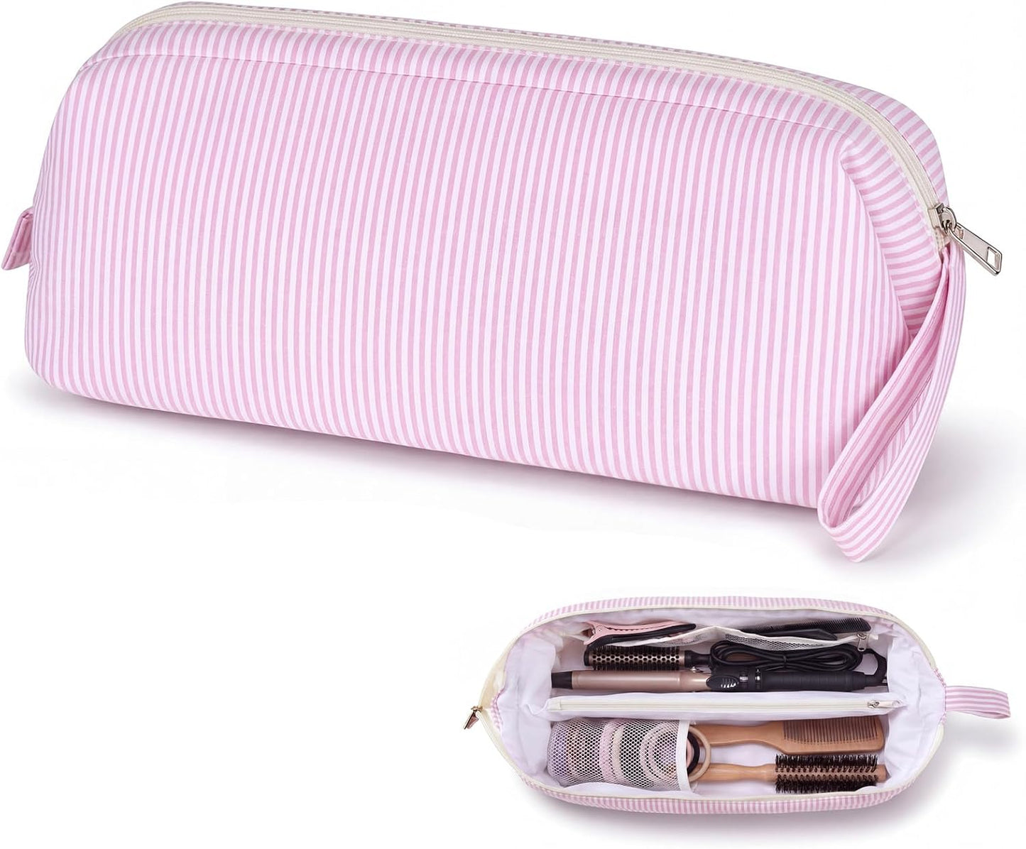 Hair Tools Travel Bag - Large Pink Striped Quilted Organizer for Hair Dryer & Styling Tools | Perfect for Travel