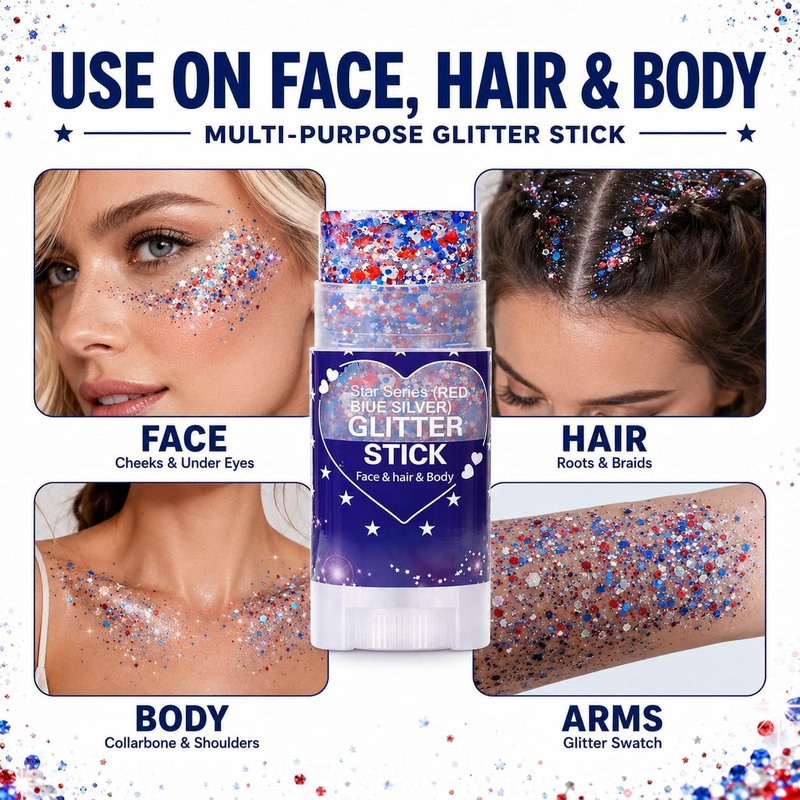 Patriotic Hair Glitter Stick - Red, White & Blue Face & Body Glitter for 4th of July | Waterproof Makeup for Independence Day Celebrations