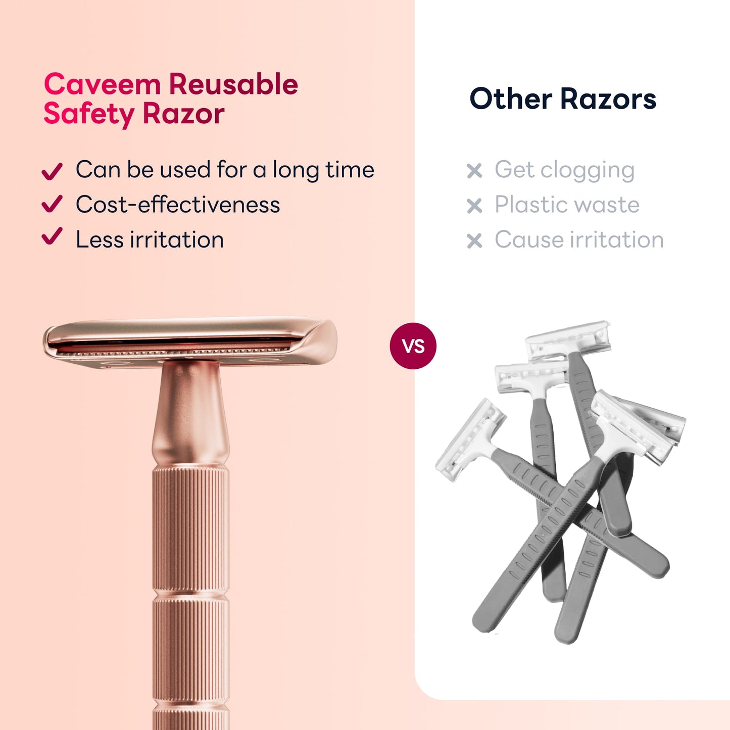 CAVEEM Double-Edge Safety Razor, Single-Blade Razors with 5 Stainless Steel Safety Razor Blades for Men and Women, Reusable Metal Razor Rose Gold